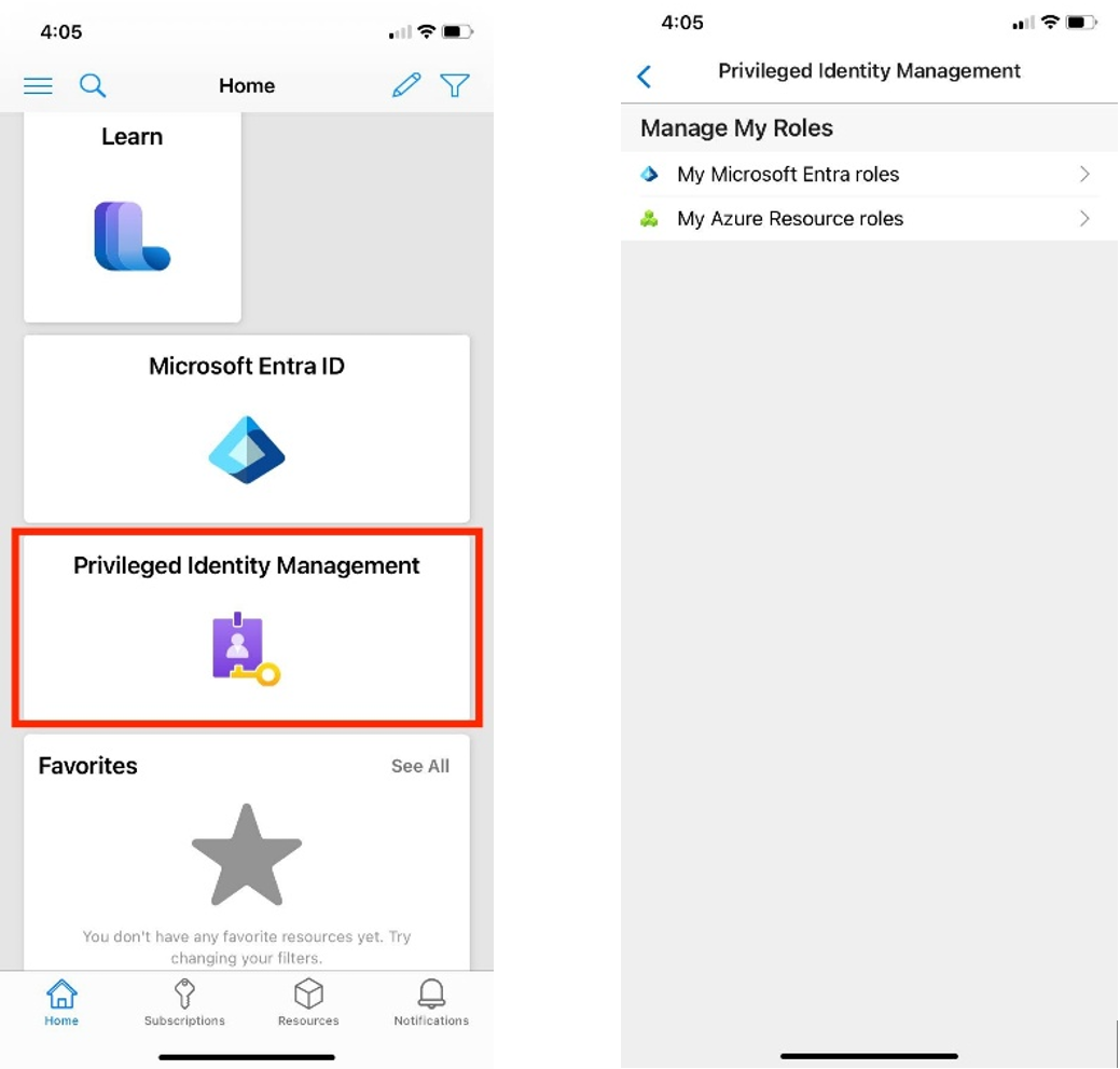 Capture d’écran de l’application mobile montrant Privileged Identity Management et les rôles de l’utilisateur.