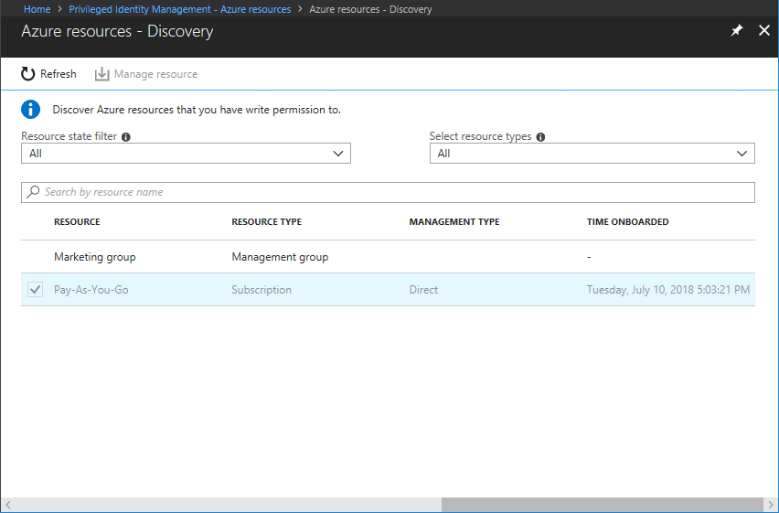 Capture d’écran montrant le volet de découverte qui répertorie les ressources pouvant être gérées, comme les abonnements et les groupes d’administration