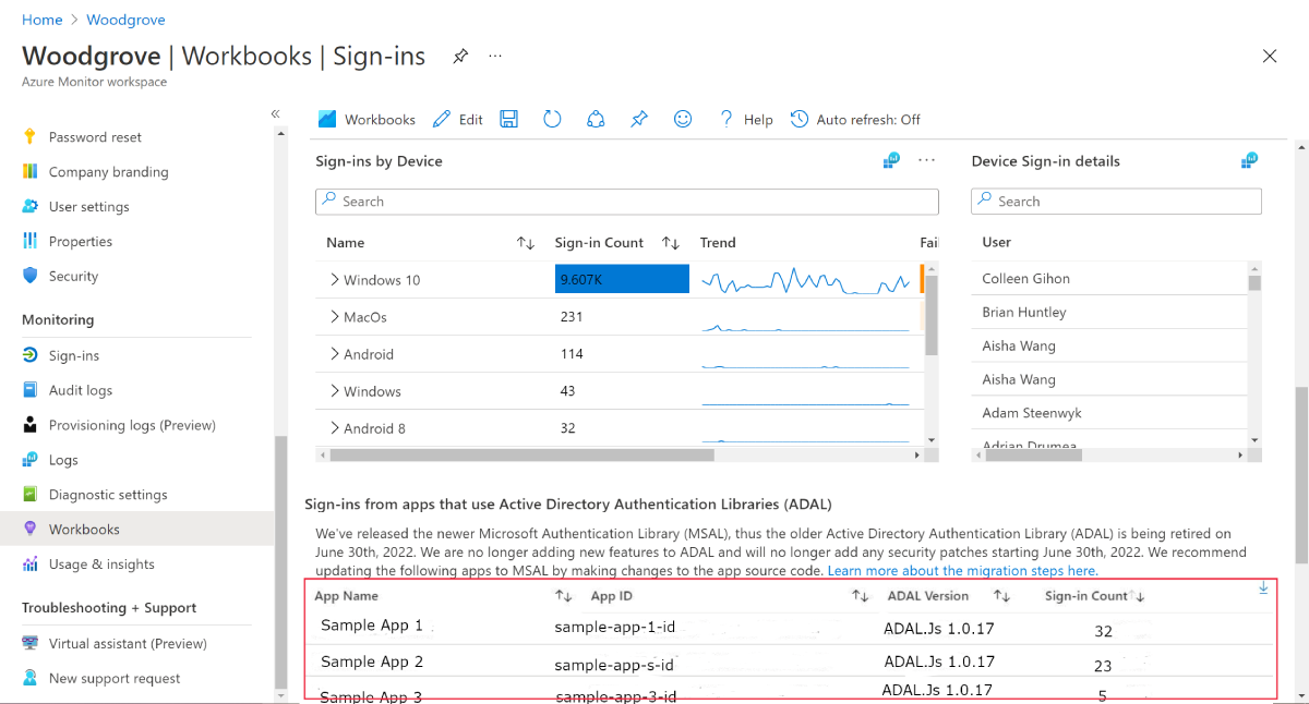 Capture d’écran du classeur des connexions qui répertorie les applications qui utilisent la Bibliothèque d’authentification Active Directory.