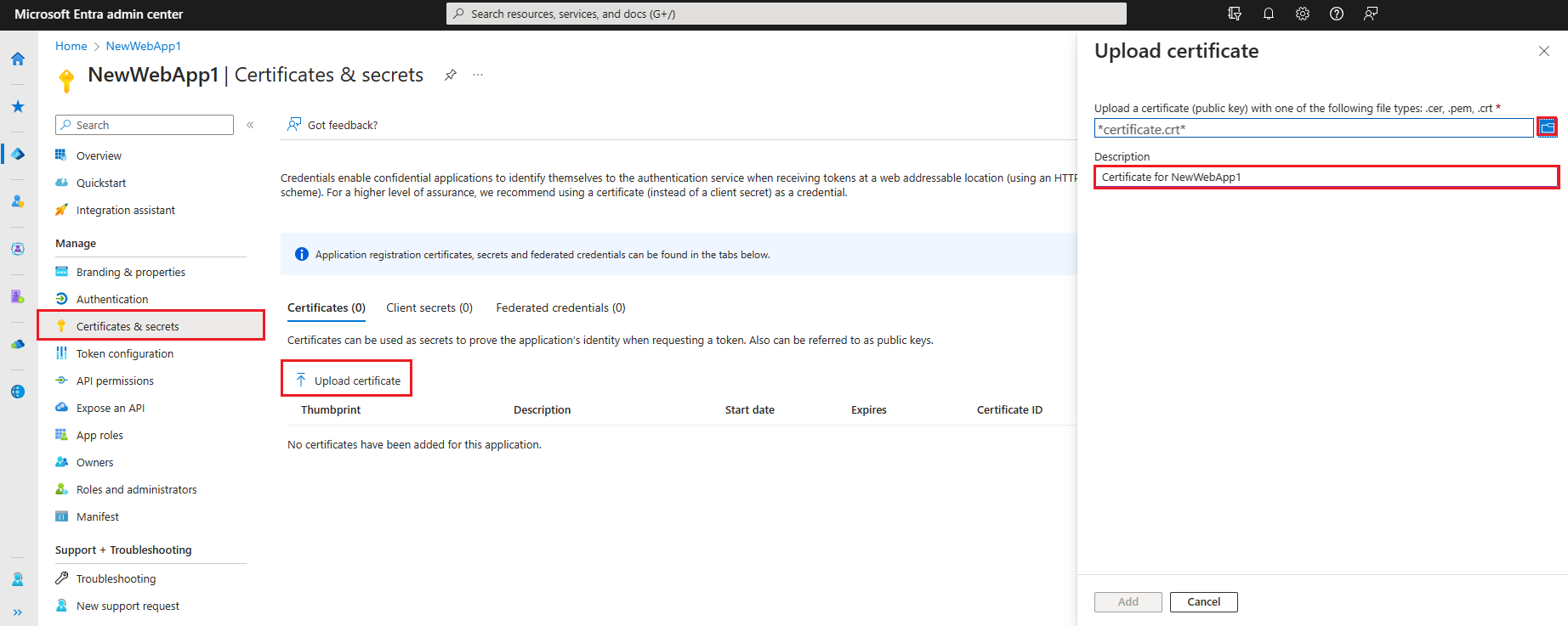 Capture d’écran du chargement d’un certificat dans un locataire Microsoft Entra.
