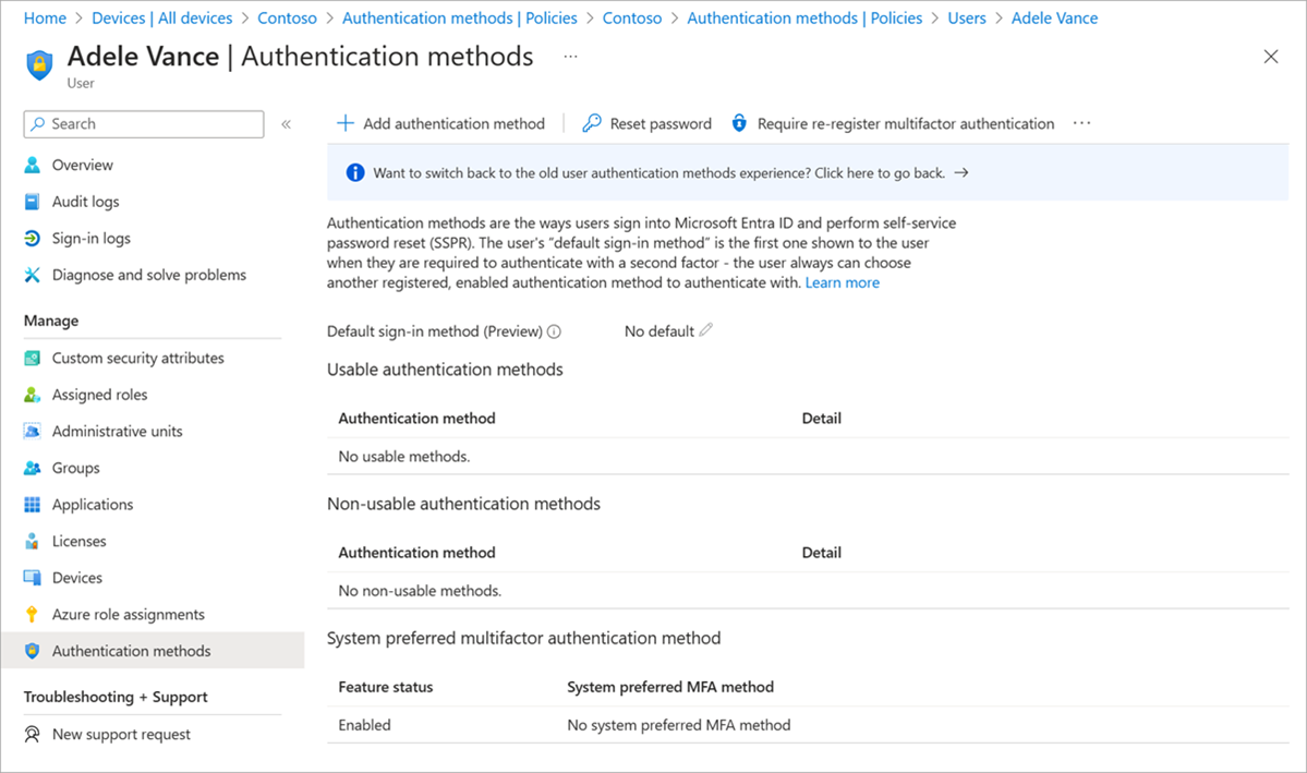 Capture d’écran de méthodes d’authentification inutilisables.