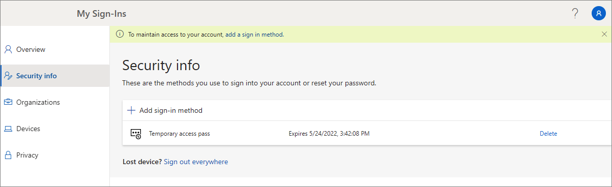 Capture d’écran montrant comment les utilisateurs peuvent gérer un passe d’accès temporaire dans Mes informations de sécurité.