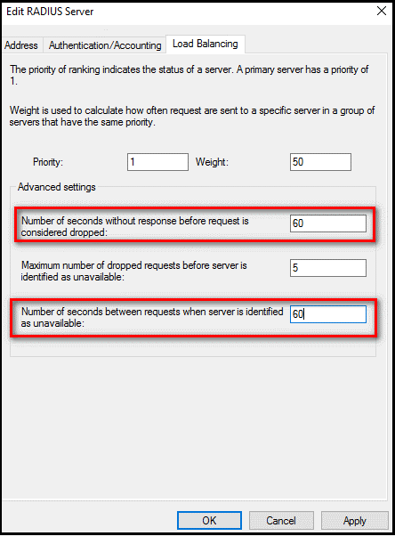 Modifier les paramètres de délai d’attente du serveur Radius sur l’onglet d’équilibrage de charge