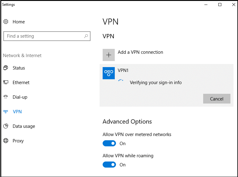 Fenêtre VPN dans les Paramètres Windows