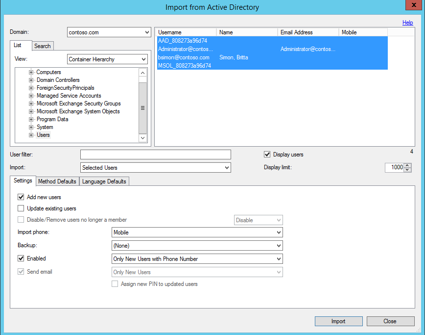 Importation des utilisateurs de MFA Server à partir d’Active Directory