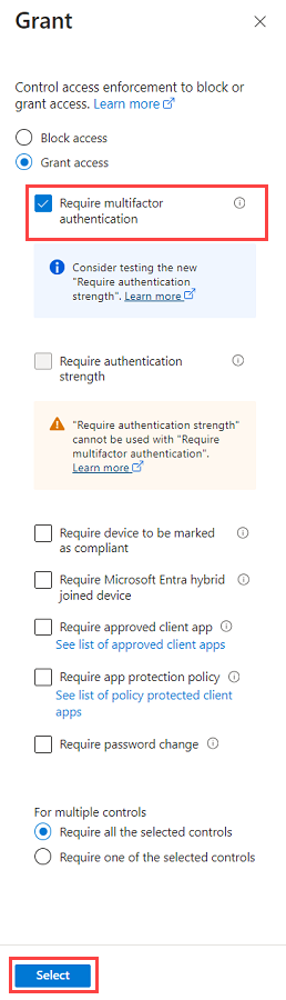 Capture d’écran des options d’octroi de l’accès, où vous sélectionnez « Exiger l’authentification multifacteur ».
