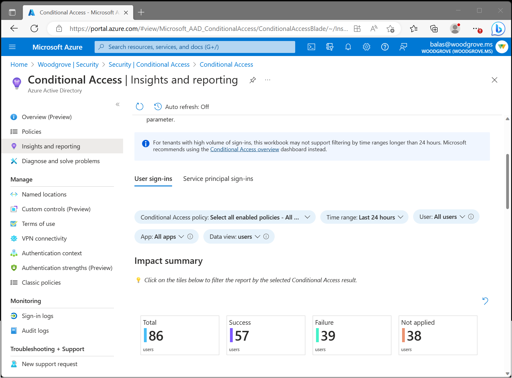 Capture d’écran montrant le classeur Insights et rapports d’accès conditionnel.