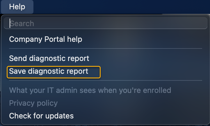 Capture d’écran montrant comment naviguer dans le menu supérieur Aide pour Enregistrer le rapport de diagnostic.