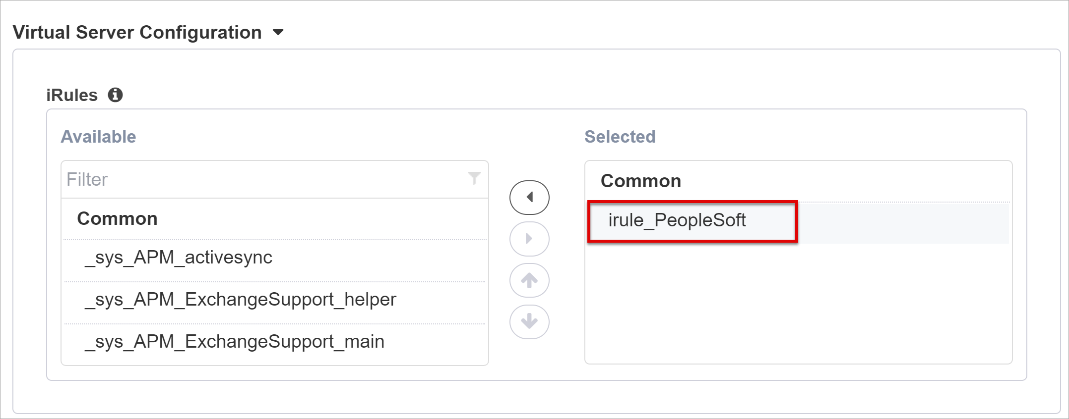 Capture d’écran de l’iRule sous Common (Courant) dans Virtual Server Configuration (Configuration du serveur virtuel).