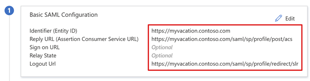 Capture d’écran des URL dans la configuration SAML.