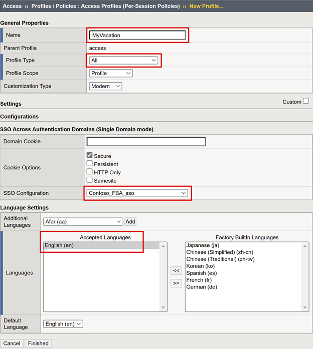 Capture d’écran des options et des sélections dans Access Profiles Per Session Policies, New Profile.