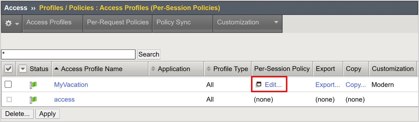 Capture d’écran de l’option Edit dans la colonne Per-Session Policy.