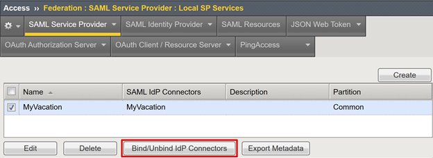 Capture d’écran de l’option Bind Unbind IdP Connectors sous l’onglet SAML Service Provider.