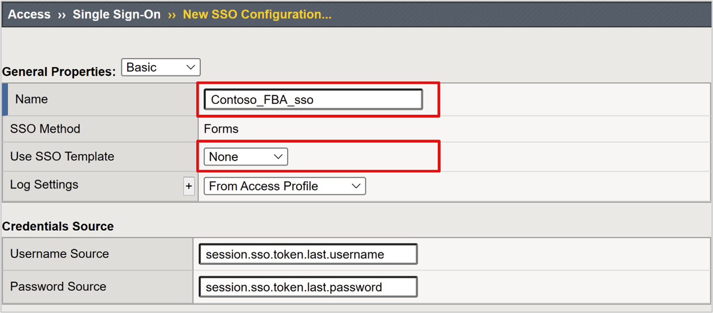 Capture d’écran des options Name et Use SSO Template sous New SSO Configuration.