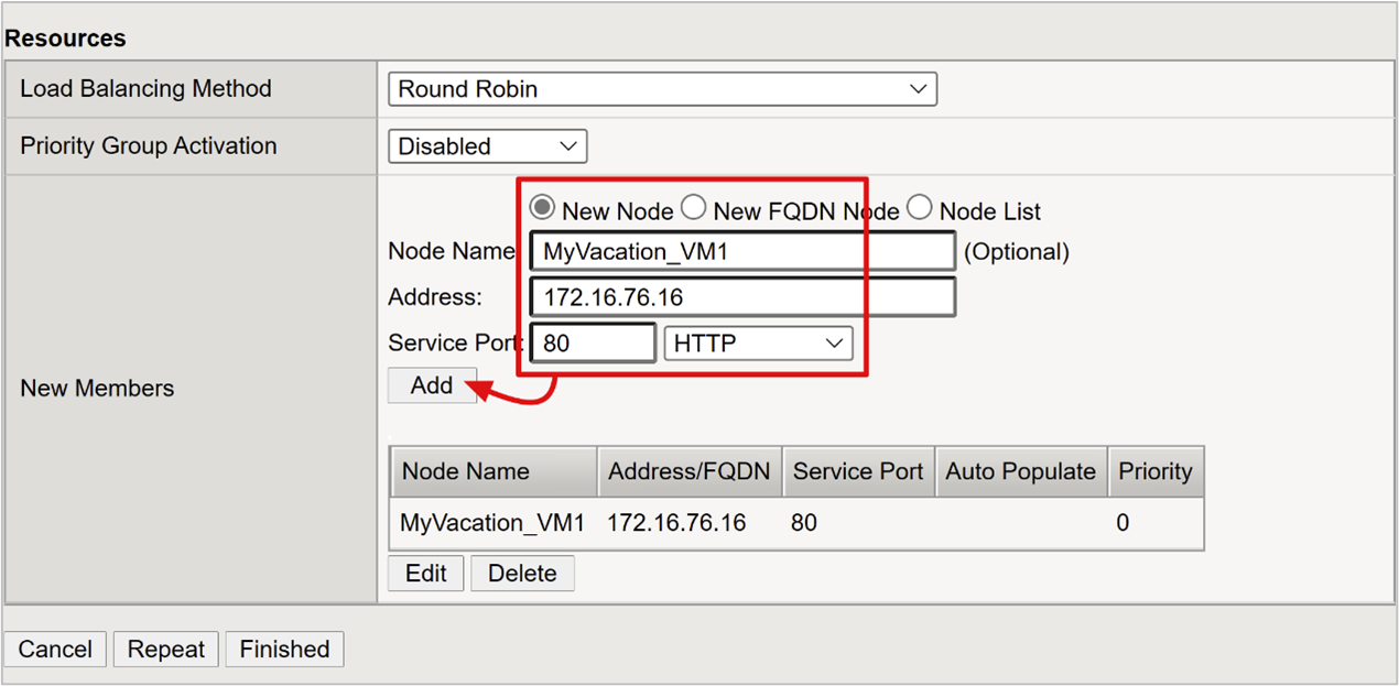 Capture d’écran des champs Node Name, Address et Service Port, et de l’option Add.