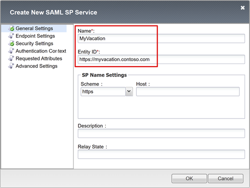 Capture d’écran des champs Name et Entity ID dans Create New SAML SP Service.