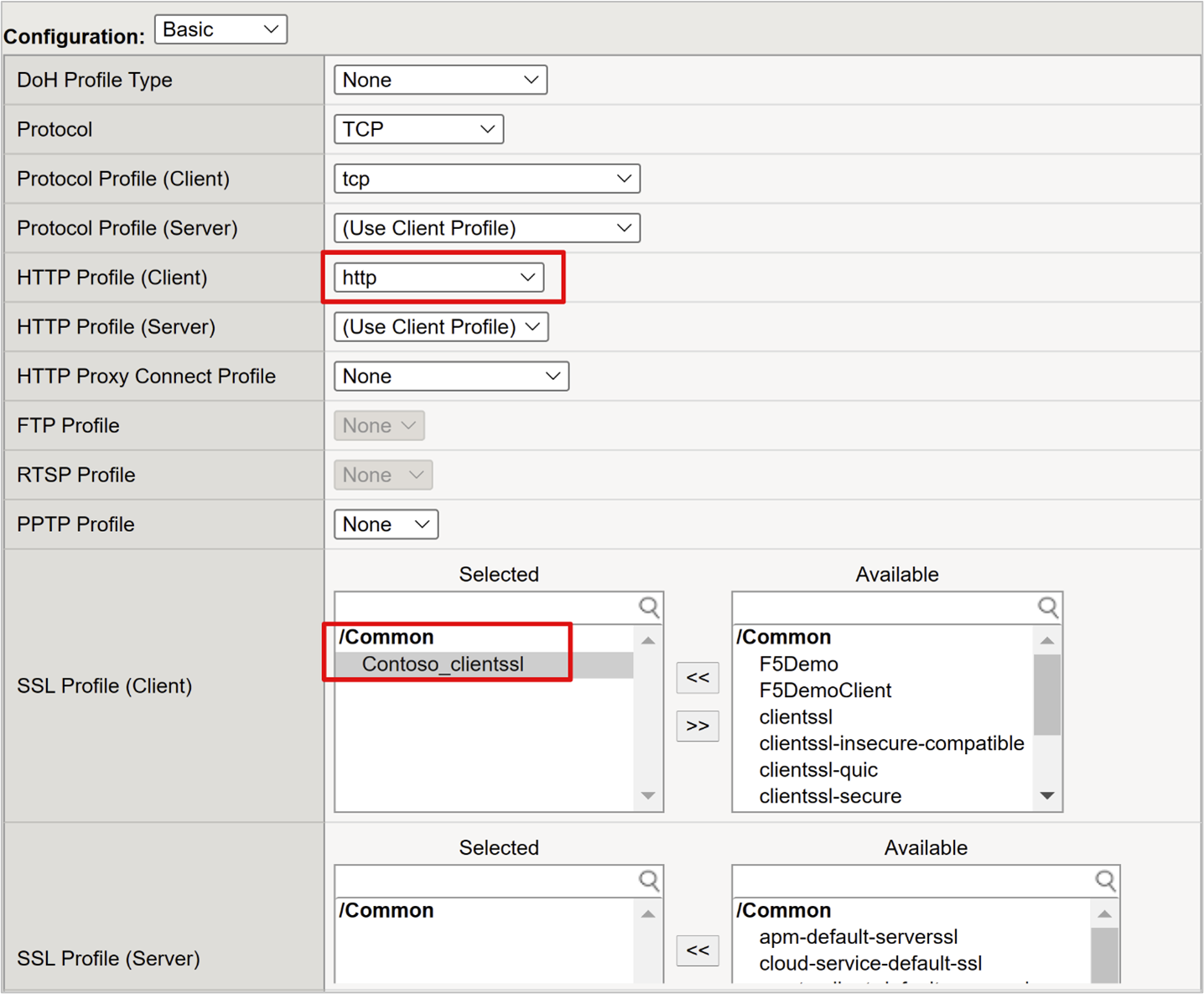 Capture d’écran des options HTTP Profile Client et SSL Profile Client.