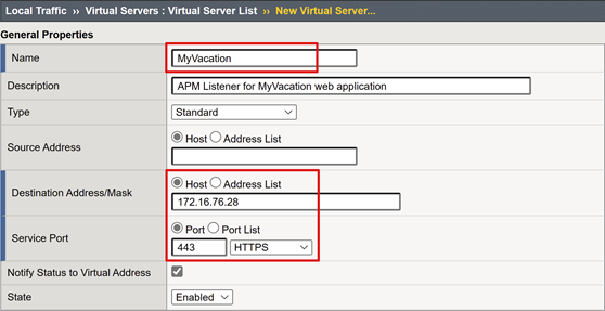 Capture d’écran des champs et options Name, Destination Address et Service Port.