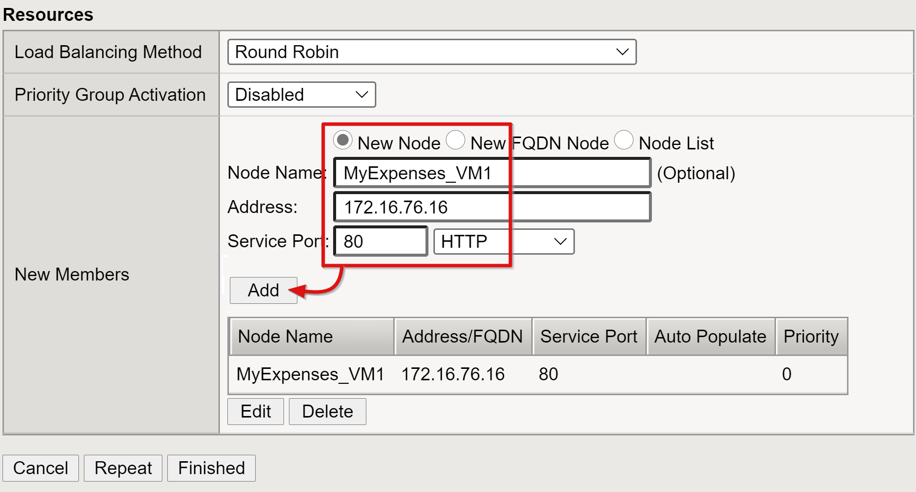 Capture d’écran des entrées Nom du nœud, Adresse et Port de service et de l’option Ajouter.