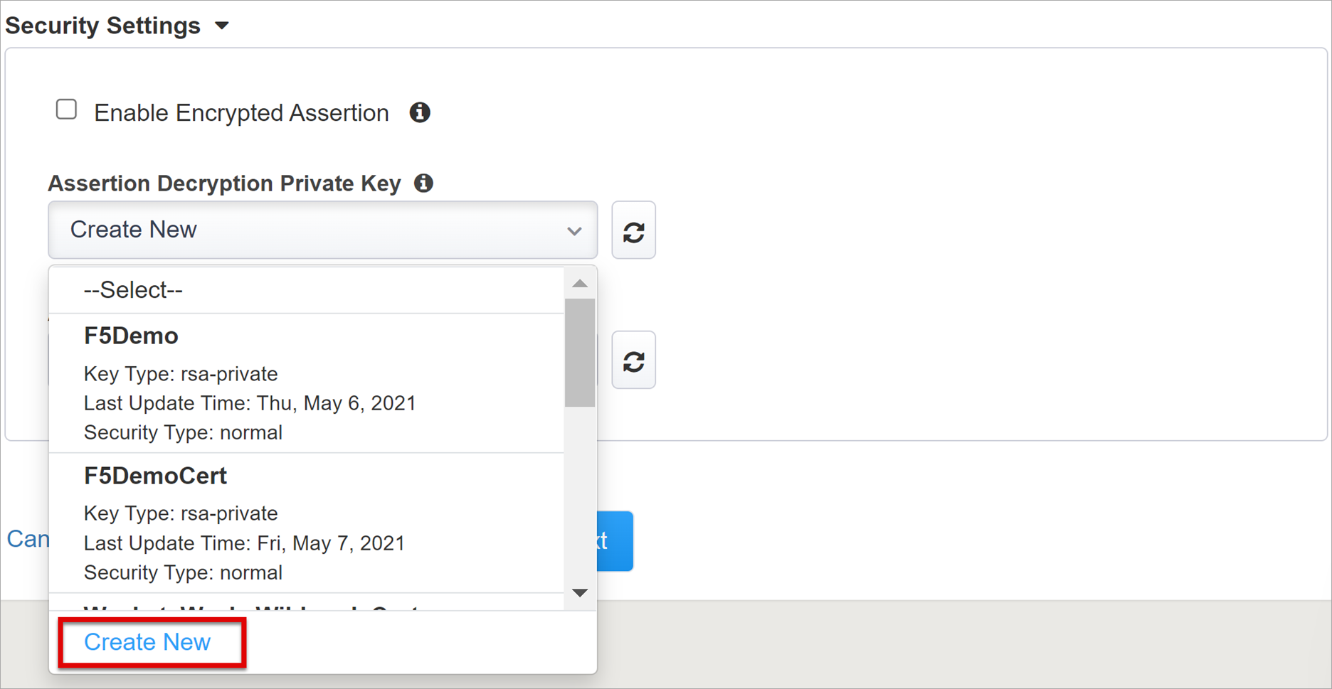 Capture d’écran de l’option Create New dans la liste Assertion Decryption Private Key.