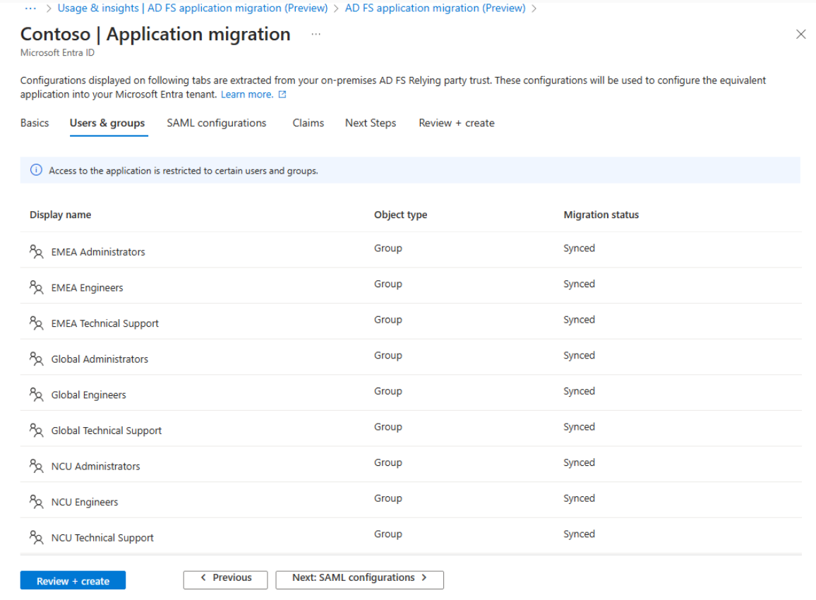 Capture d’écran de l’onglet des utilisateurs et des groupes de la migration d’application AD FS.