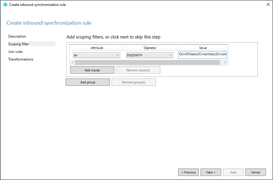 Capture d’écran montrant la page « Create inbound synchronization rule - Scoping filter » (Créer une règle de synchronisation de trafic - Filtre d’étendue) avec une valeur de filtre d’étendue entrée.