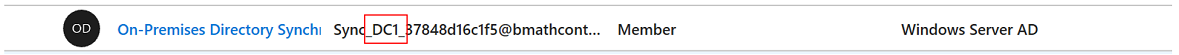 Capture d’écran montrant le compte Microsoft Entra avec le préfixe DC1.