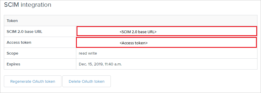 Capture d’écran de la page Intégration SCIM. Dans la table Jetons, les valeurs à côté d’URL de base SCIM 2.0 et Jeton d’accès sont mises en évidence.