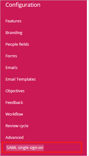 Capture d’écran montrant les options de configuration avec l’option d’authentification unique SAML mise en surbrillance.