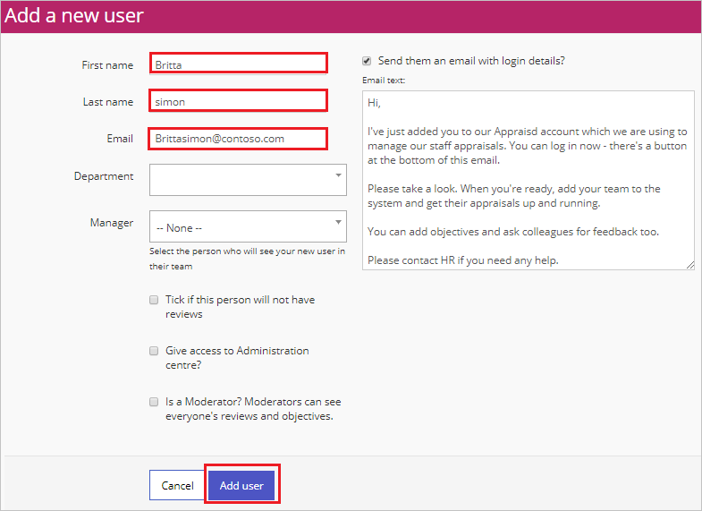 Capture d’écran montrant la page Ajouter un nouvel utilisateur.