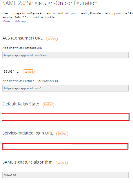 Capture d’écran montrant la page de configuration Sign-On unique SAML 2.0 dans laquelle vous pouvez modifier l’état du relais par défaut et la connexion lancée par le service U R L.