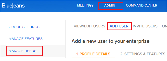 Admin Capture d’écran montrant une partie d’une fenêtre de navigateur avec l’onglet Admin sélectionné, avec Manage Users et Add Users sélectionnés.