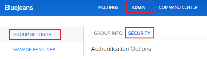 Admin Capture d’écran montrant une partie d’une fenêtre de navigateur avec l’onglet Admin sélectionné, avec Group Setting et Security sélectionnés.