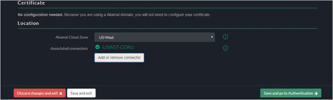 Capture d’écran de la console Akamai EAA montrant les paramètres pour Certificate (Certificat) et Location (Emplacement). Les connecteurs associés sont définis avec USWST-CON1.