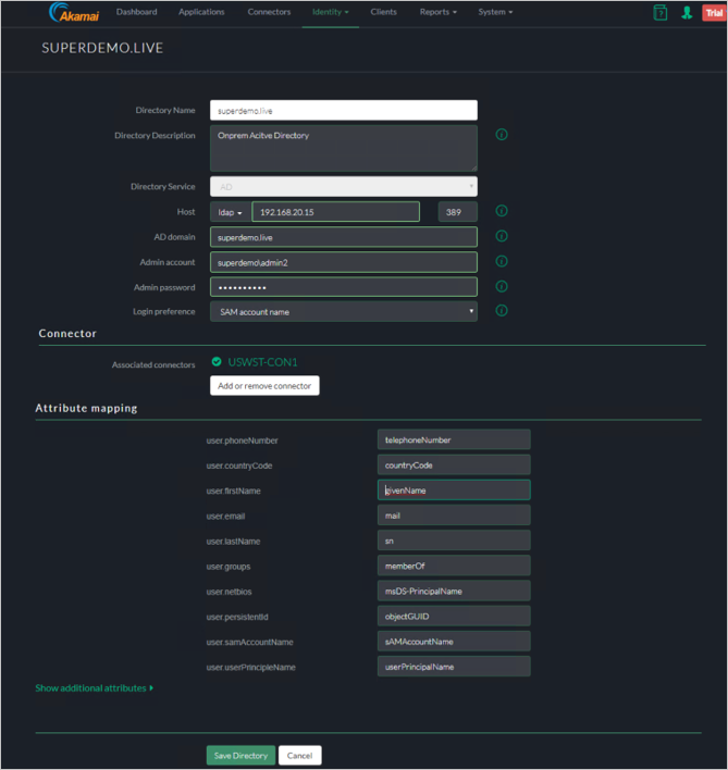 Capture d’écran de la fenêtre SUPERDEMOLIVE de la console Akamai EAA avec les paramètres pour Directory Name (Nom d’annuaire), Directory Service (Service d’annuaire), Connector (Connecteur) et Attribute mapping (Mappage des attributs).