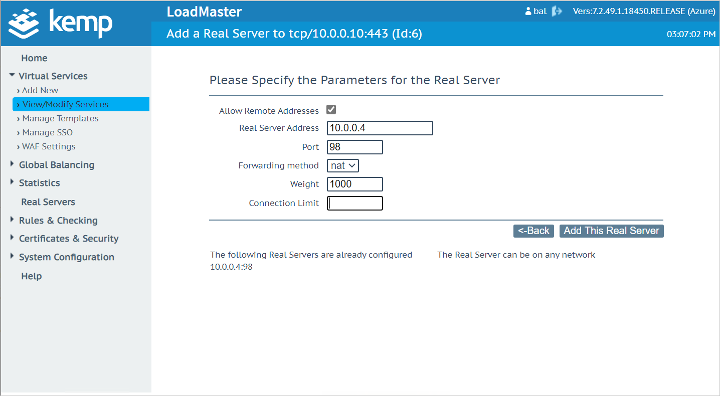 Capture d’écran montrant la page « Please Specify the Parameters for the Real Server » avec des exemples de valeurs dans les zones.