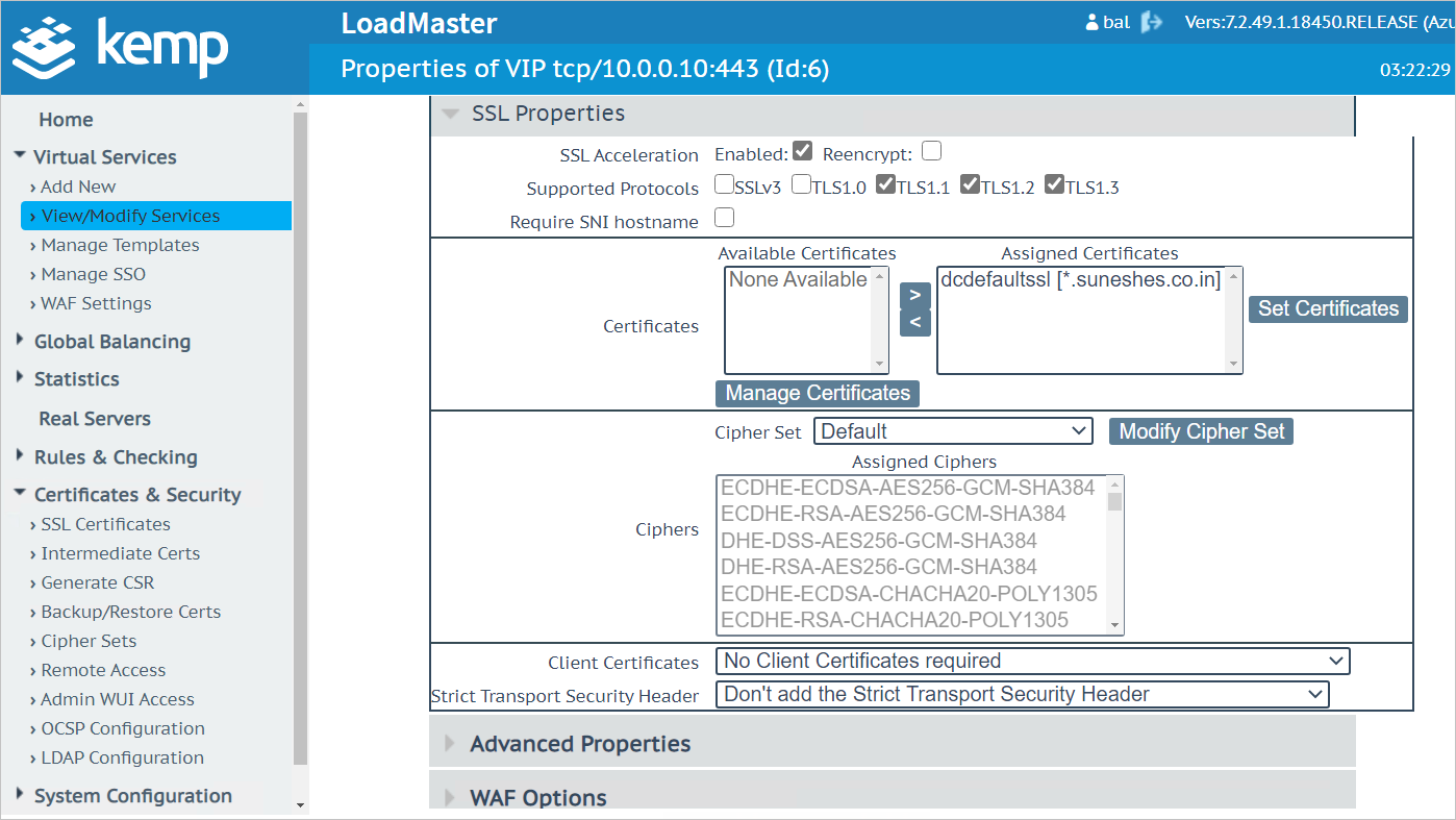 Capture d’écran montrant la section « SSL Properties » avec l’option « SSL Acceleration - Enabled » et un exemple de certificat sélectionné.