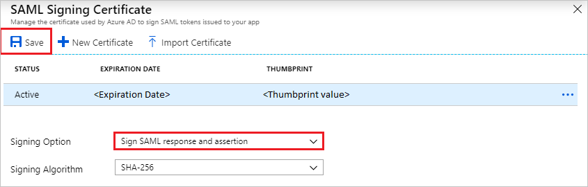 Capture d’écran montrant le certificat de signature SAML.