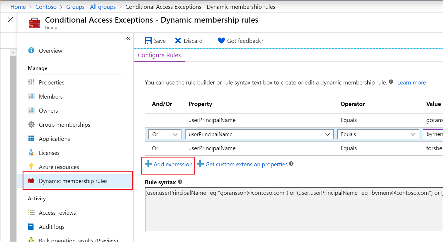 Capture d’écran montrant la page Règles d’appartenance dynamique avec l’action Ajouter une expression sous l’onglet Configurer les règles sélectionnée.