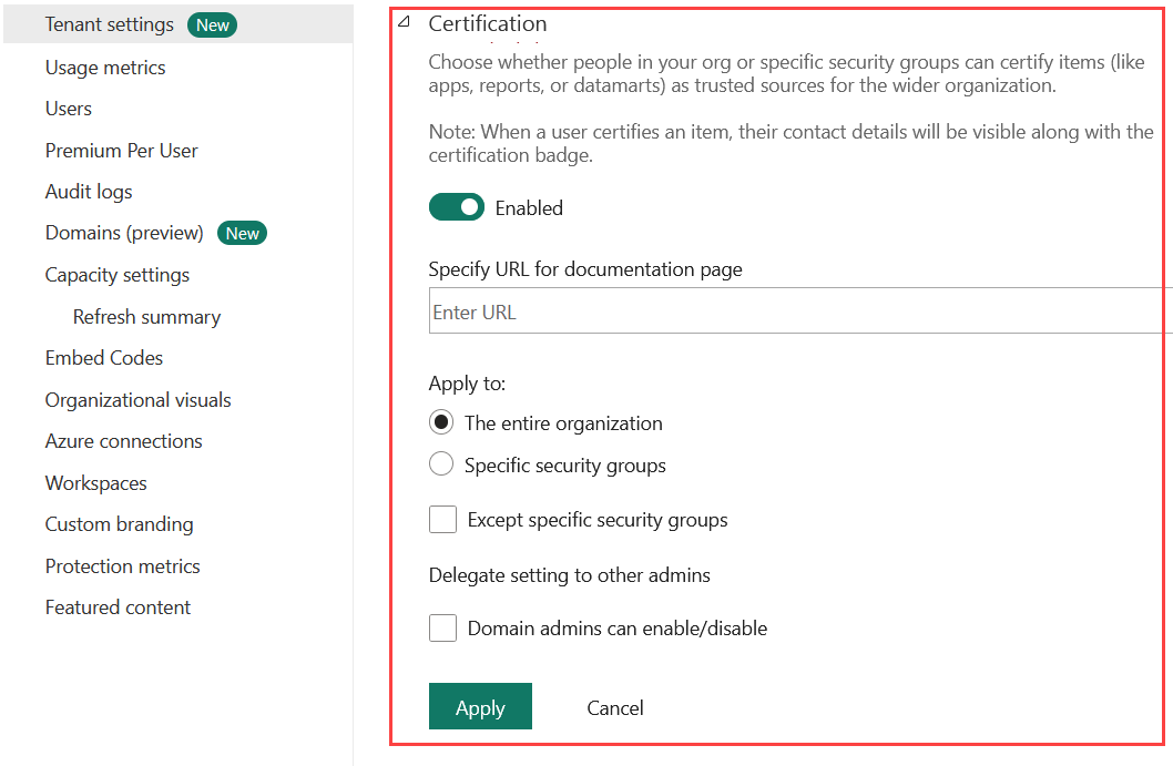 Screenshot of settings to enable semantic model and dataflow certification.