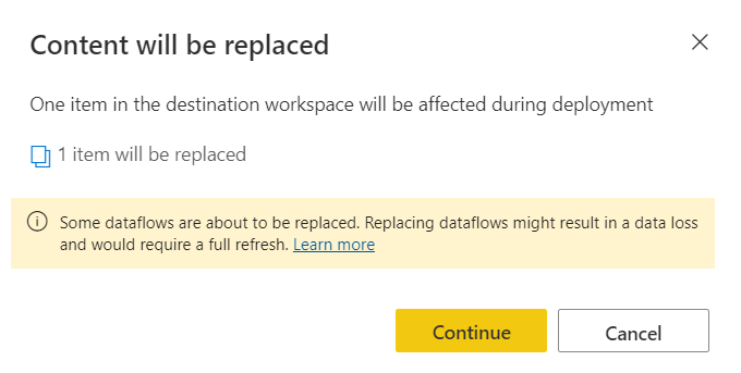 Capture d’écran de l’avertissement relatif au remplacement de contenu qui s’affiche lorsqu’un déploiement est sur le point de modifier des éléments dans l’étape vers laquelle vous effectuez le déploiement.
