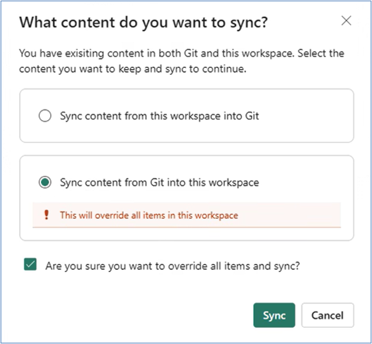 Capture d'écran de la boîte de dialogue demandant quelle direction synchroniser si Git et l'espace de travail ont tous deux du contenu.