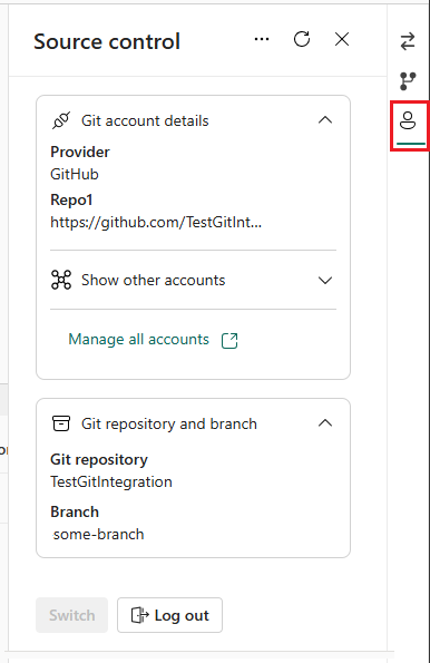 Capture d’écran de l’onglet Comptes dans le panneau de contrôle de code source montrant les détails Git et les noms du référentiel et de la branche.