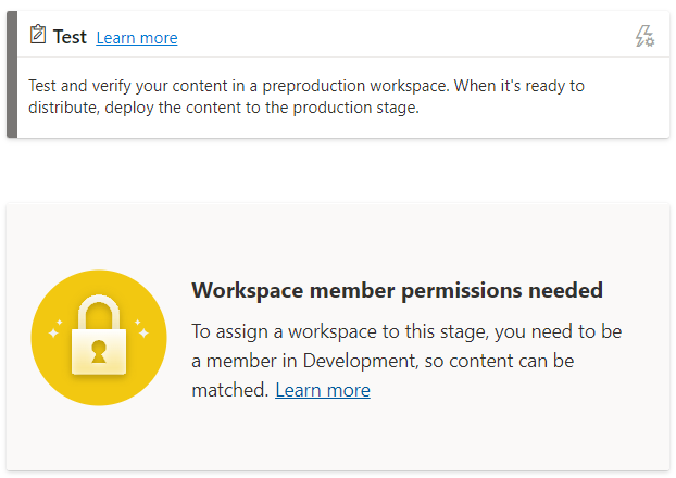 Capture d’écran du message indiquant qu’une autorisation de membre de l’espace de travail est nécessaire dans la phase de test d’un pipeline de déploiement.