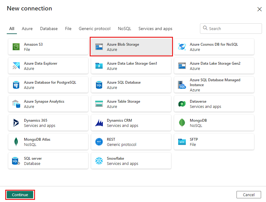 Capture d’écran de l’assistant Nouvelle connexion, indiquant où sélectionner Stockage Blob Azure.