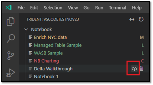 Capture d'écran de la liste des notebooks de VS Code Explorer, montrant où sélectionner l'option de téléchargement du notebook.