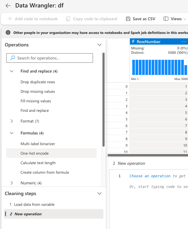 Capture d’écran montrant un encodage à chaud dans Data Wrangler.