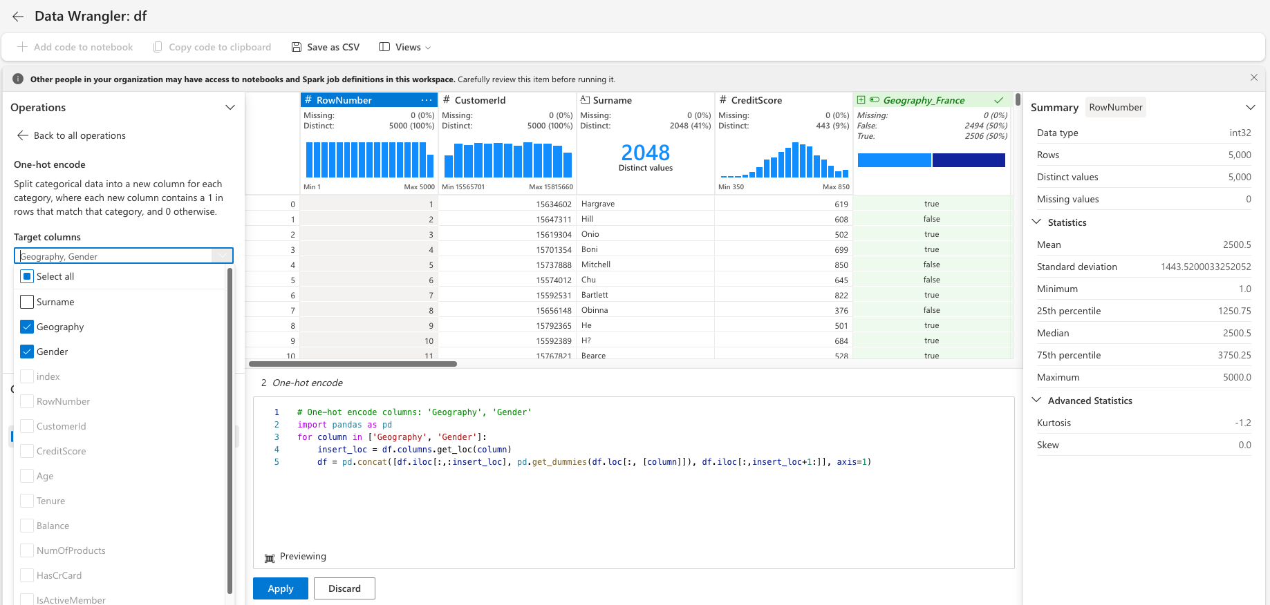 Capture d’écran montrant la sélection de colonnes dans Data Wrangler.