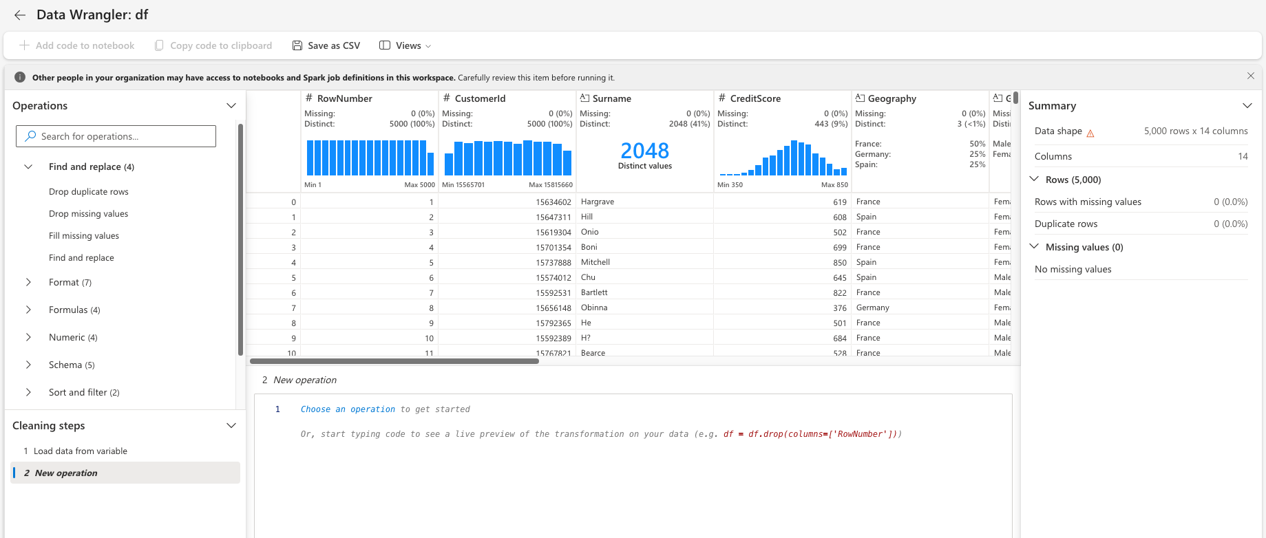 Capture d’écran montrant le menu Data Wrangler.