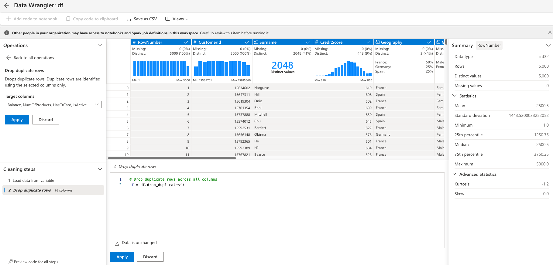 Capture d’écran montrant les données manquantes dans Data Wrangler.